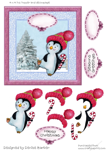 300dpi 6x6ins Christmas Topper and decoupage, penguin