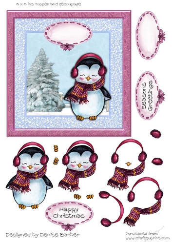 300dpi 6x6ins Christmas Topper and decoupage, penguin