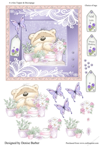 300dpi, 6 x 6 in Topper & Decoupage, female, any occasion, Bear with flowers, butterfly