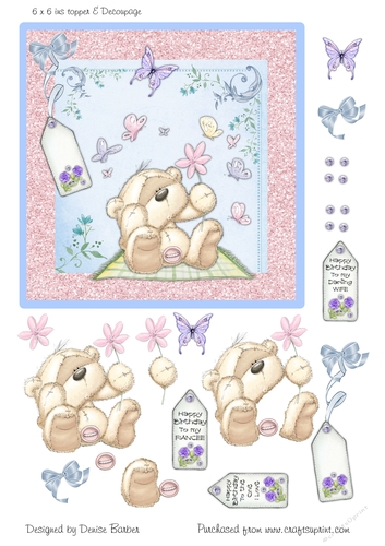 300dpi, 6 x 6 ins Topper & decoupage - Birthday Bear and butterflies-Wife, The One I Love, Fiancee