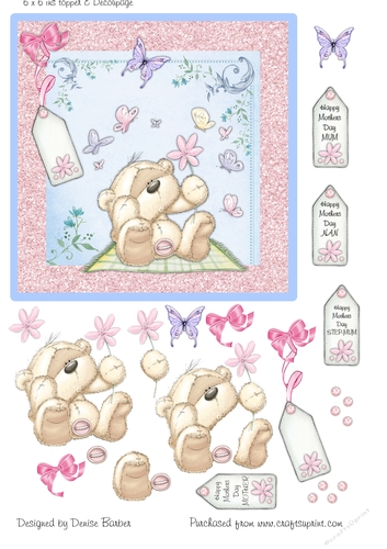 300dpi, 6 x 6 ins Topper & decoupage - Mothers Day Bear and butterflies-Mother/Mum/Nan/Step-Mum