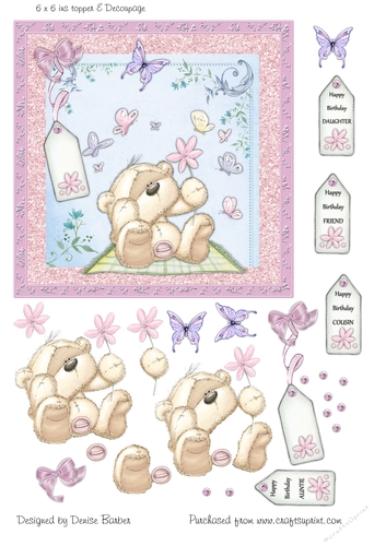 300dpi, 6 x 6ins Topper & Decoupage-Birthday Bear & Butterflies-Daughter/Friend/Auntie/Cousin