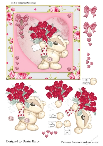 300dpi 6 x 6 ins Topper & decoupage-Bear with Roses-Valentine/Anniversary,Wife, Girlfriend
