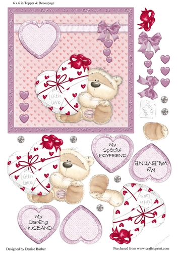 300dpi, 6 x 6 in Topper, Bear with heart present, & decoupage-Husband, Boyfriend- Valentine/Anniversary