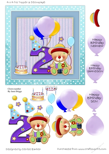 300dpi 6 x 6 ins Topper & Decoupage-Clown Bear 2nd Birthday, son/grandson/Nephew