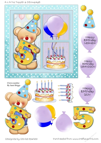 300dpi 6 x 6 ins Topper & Decoupage-Clown Bear 5th Birthday,cake and balloons son/grandson/Nephew