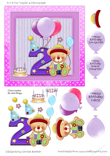 300dpi 6 x 6ins Topper & decoupage-Clown Bear 2nd Birthday- Girl, Niece/Daughter/Granddaughter