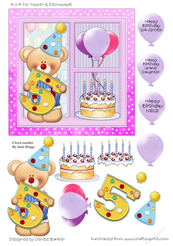 300dpi 6 x 6ins Topper & decoupage-Clown Bear 5th Birthday- Girl, Niece/Daughter/Granddaughter