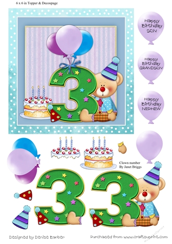 300dpi 6 x 6 ins Topper & Decoupage-Clown Bear 3rd Birthday, son/grandson/Nephew
