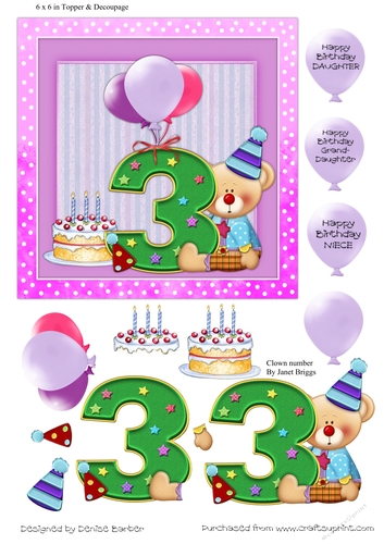 300dpi 6 x 6 in Topper & Decoupage - 3rd Birthday Clown Bear, Girl, Daughter/granddaughter/Niece