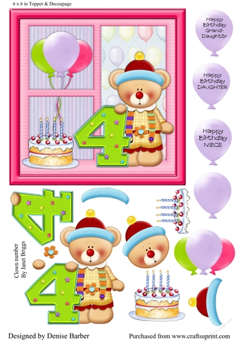 300dpi 6 x 6 in Topper & Decoupage - 4th Birthday Clown Bear, Girl, Daughter/granddaughter/Niece