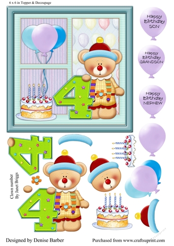 300dpi 6 x 6 in Topper & Decoupage - Clown Bear 4th Birthday - Boy, Son, Grandson, Nephew