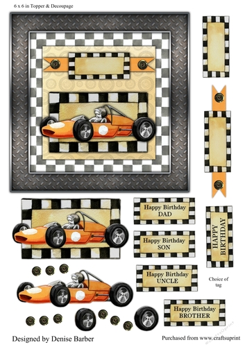 300dpi 6 x 6 in Topper & decoupage - male Birthday Racing Car - Dad/Brother/Son/Uncle