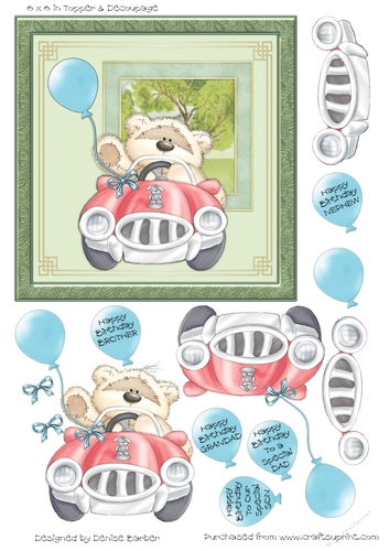 300dpi 6 x 6 in Topper & Decoupage - Bear with balloon in car,-male birthday-Dad,Son,Brother,Grandad,Nephew