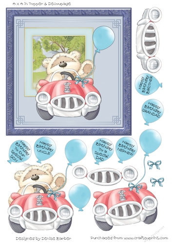 300dpi6x6 in Topper & Decoupage- Birthday Male, Bear with Balloon in car-Dad,Son,Brother,Grandad,Uncle,Brother