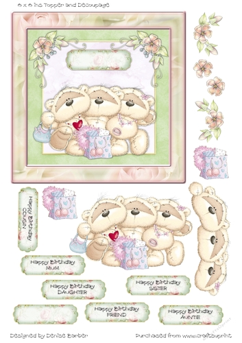 300dpi 6 x 6 ins topper and decoupage-Birthday bears-Auntie,Mum,Sister,Friend,Cousin,Daughter