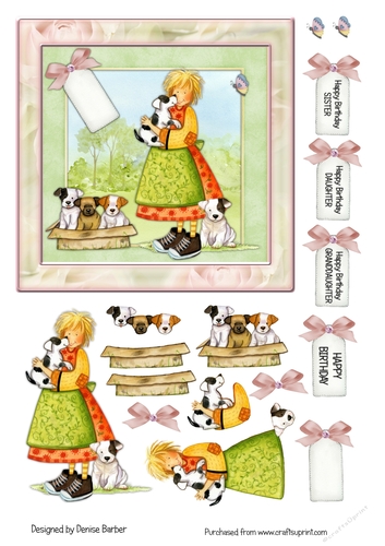 300dpi, 6x6in Topper & decoupage, Birthday-girl with puppies- Daughter/Granddaughter/Sister