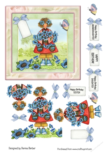 300dpi, 6x6in Topper & decoupage, Birthday-girl with blue flowers- Daughter/Granddaughter/Sister