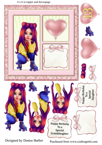 300dpi 6x6 ins Topper and decoupage Roller Girl - teenager- daughter, granddaughter