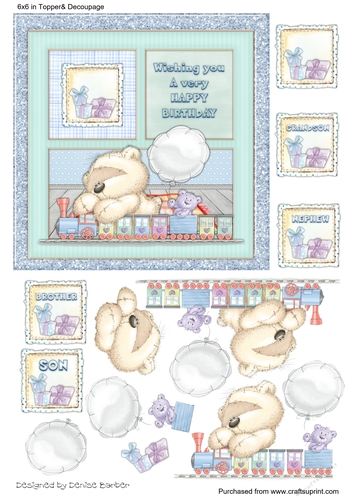 300dpi, 6x6in Topper, Bear with train- Birthday Son, Nephew, Grandson, Brother