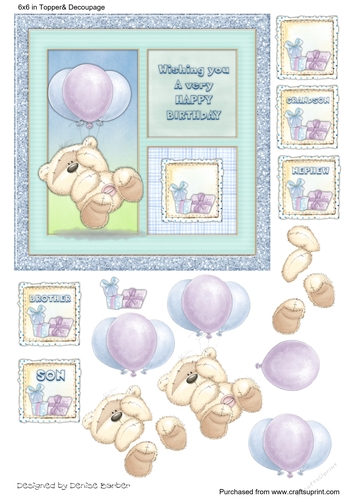 300dpi, 6x6in topper & decoupage- teddy with balloons, Birthday Son, Grandson, brother, nephew