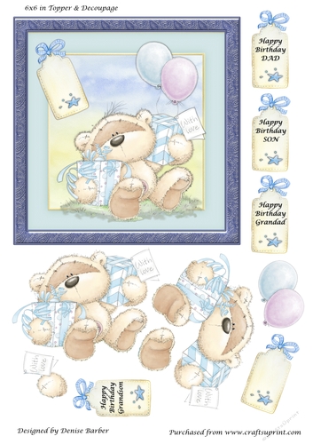 300dpi 6x6 in topper & decoupage-Teddy with presents, Birthday- Dad, Son, Grandad, Grandson