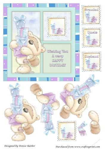 300dpi 6x6in Topper & Decoupage-Teddy with pile of presents-Birthday-Husband, Uncle, Grandad