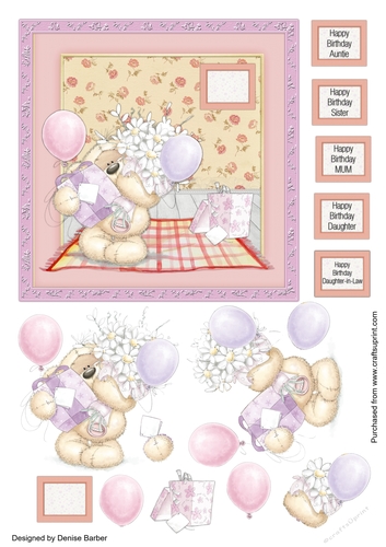 300dpi,6x6ins topper & decoupage, teddies with flowers and presents- Birthday female, Daughter, Daughter-in-law, Auntie, Sister, mum