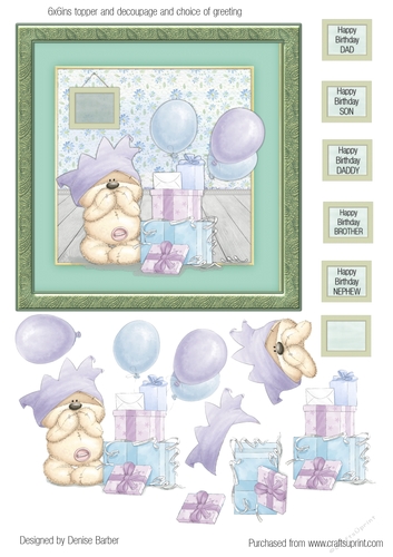 300dpi,6x6ins topper & decoupage, teddy with balloons and Presents and presents- Birthday Nephew, Son, Brother, Daddy, Dad