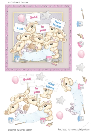 300dpi 6x6ins Topper & decoupage-Teddies and banner- Good luck in your new home, female/male