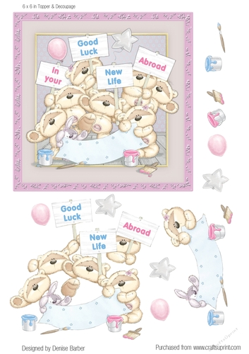 300dpi 6x6ins Topper & decoupage-Teddies and banner- Good luck in your new life abroad, female/male
