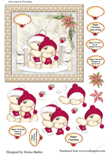 300dpi 6x6in topper & decoupage-Teddies Christmas couples-Son & daughter-in-law, Daughter Son-in-law, Nanny Grandad, Mum Dad, Nan Grandpa