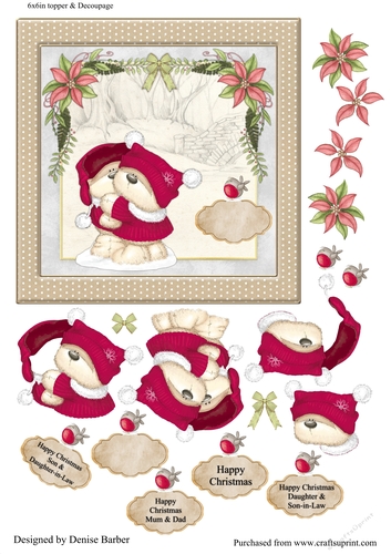 300dpi, 6x6ins Topper & Decoupage- Bear Couple hugging- Christmas - Mum Dad, Son Daughter-in-law, Daughter Son-in-law, Happy Christmas