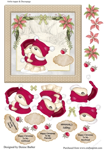 300dpi, 6x6ins Topper & Decoupage- Bear Couple hugging- Christmas-Boyfriend/Girlfriend/Fiancee/Fiance