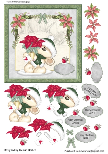 300dpi 6x6ins Topper & Decoupage-Christmas Teddy in green scarf with poinsettia-Auntie, Cousin, Niece, Grandma