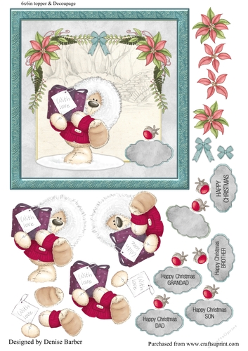 300dpi 6x6in Topper & Decoupage-Christmas Teddy with present-Dad, Son, Brother Grandad