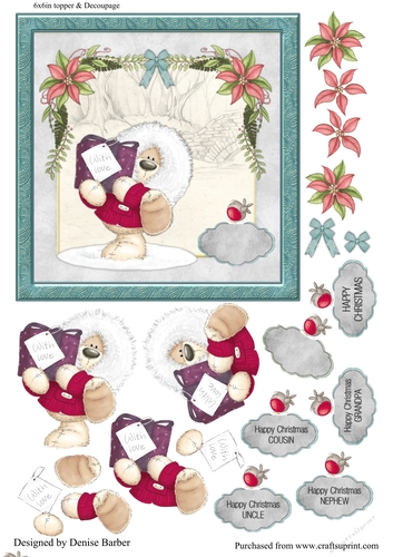300dpi 6x6in Topper & Decoupage-Christmas Teddy with present-Uncle, Nephew, Cousin, Grandpa