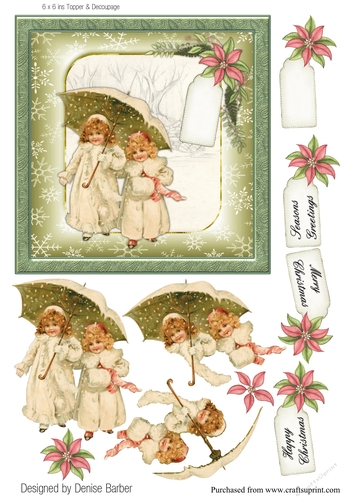 300dpi, 6x6 in Topper & Decoupage- Vintage Christmas- 2 Girls under umbrella