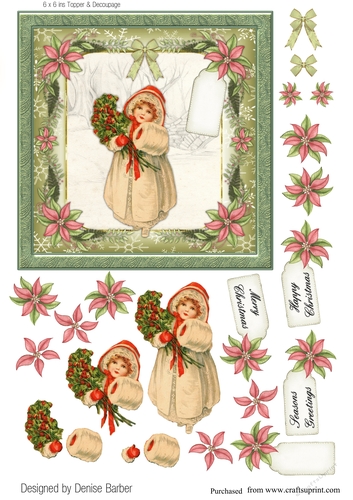300dpi, 6x6in topper & decoupage- Vintage Christmas, Girl with holly, - poinsettias