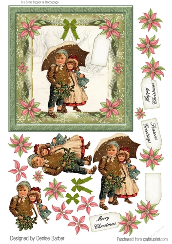 300dpi 6x6in Topper & decoupage- Vintage Christmas-Boy & Girl under umbrella, poinsettias