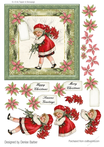 300dpi, 6x6in topper & decoupage- Vintage Christmas, Girl with poinsettias