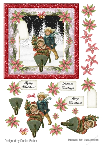300dpi, 6x6in topper & decoupage- Vintage Christmas, Boy pushing girl in a wheelbarrow