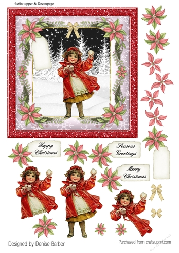 300dpi, 6x6 in Topper & Decoupage - Vintage Christmas - Girl with snowballs - poinsettia framed