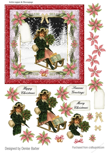 300dpi, 6x6 in Topper & Decoupage - Vintage Christmas - Girl with holly & presents on sleigh - poinsettia framed