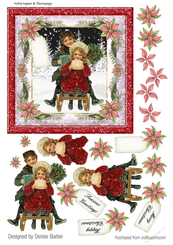 300dpi 6x6 ins Topper and decoupage-Vintage Christmas Scene-Girl and Boy on a Sleigh-poinsettia framed