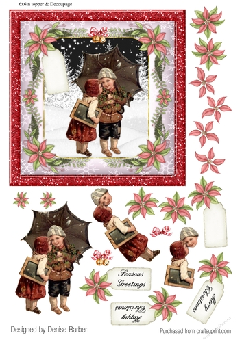 300dpi 6x6 ins Topper and decoupage-Vintage Christmas Scene-Boy with umbrella and girl-poinsettia framed