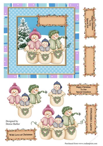 300dpi 6x6ins Topper and Decoupage, Snowman Family-Son/Grandson, Happy Christmas