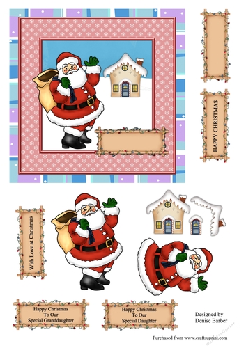 300dpi 6x6ins Topper & Decoupage, Santa with sack, little house, Christmas Daughter/Granddaughter