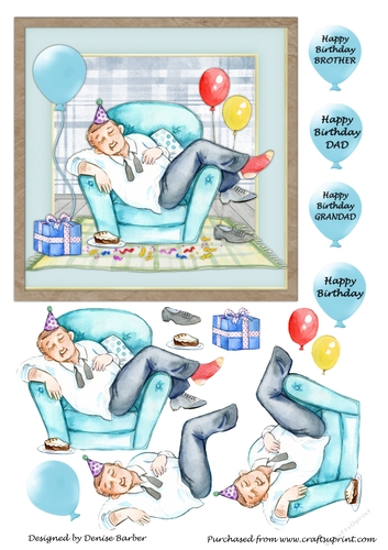300dpi 6x6ins Topper & decoupage, Birthday, Brother, Dad, Grandad,-Asleep in a chair