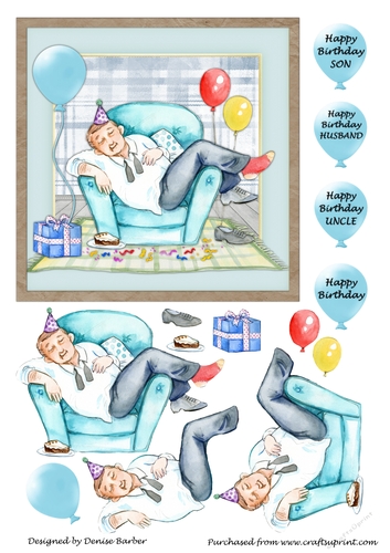 300dpi 6x6ins Topper & decoupage, Birthday, Son, Husband, Uncle-Asleep in a chair